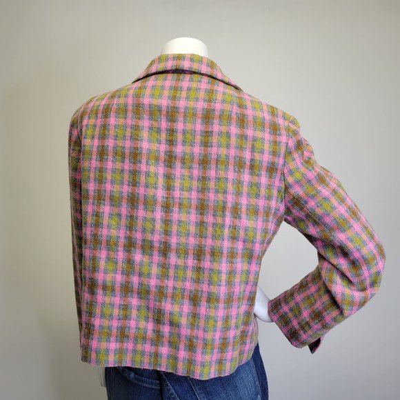 Vtg 60s Handmade Mad Men Pink Plaid Wool Blend Cropped Blazer Jacket Womens M - Picture 7 of 14